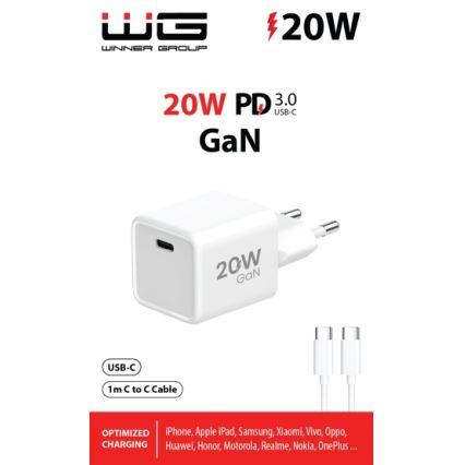 Winner Group- Αντάπτορας ταχείας φόρτισης 1xUSB-C PD 20W + Καλώδιο USB USB-C / USB-C 1m