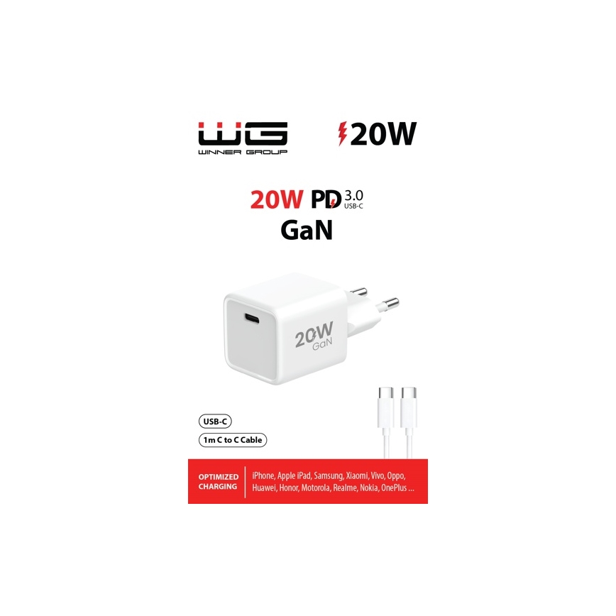 Winner Group- Αντάπτορας ταχείας φόρτισης 1xUSB-C PD 20W + Καλώδιο USB USB-C / USB-C 1m