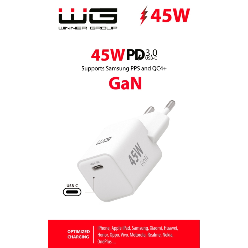 Winner Group - Αντάπτορας ταχείας φόρτισης 1xUSB-C Power Delivery 45W λευκό