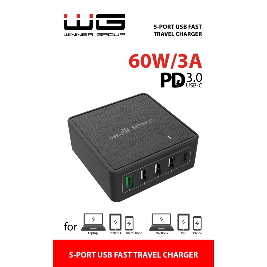 Winner Group - Αντάπτορας ταχείας φόρτισης 5xUSB-C Power Delivery 60W μαύρο