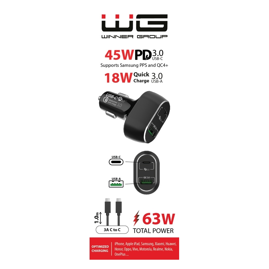 Winner Group - Φορτιστής αυτοκινήτου 1xUSB-C + 1xUSB-A Power Delivery 63W + Καλώδιο USB USB-C / USB-C 1 m μαύρο