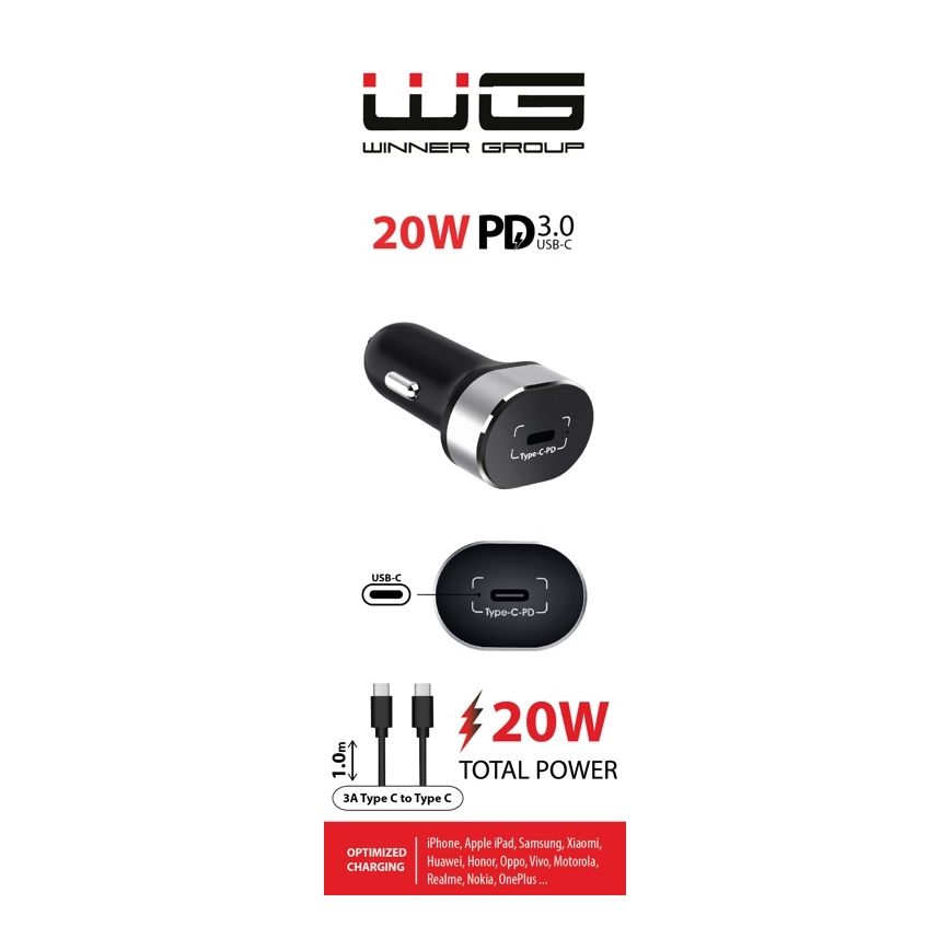 Winner Group - Φορτιστής αυτοκινήτου 1xUSB-C Power Delivery 20W + Καλώδιο USB USB-C / USB-C 1 m μαύρο