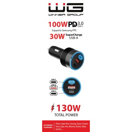 Winner Group - Φορτιστής αυτοκινήτου 2xUSB-C + 1xUSB-A Power Delivery 130W μαύρο