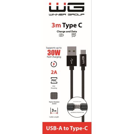 Winner Group - Καλώδιο USB USB-C σε USB-A, 30W, 3 m, μαύρο
