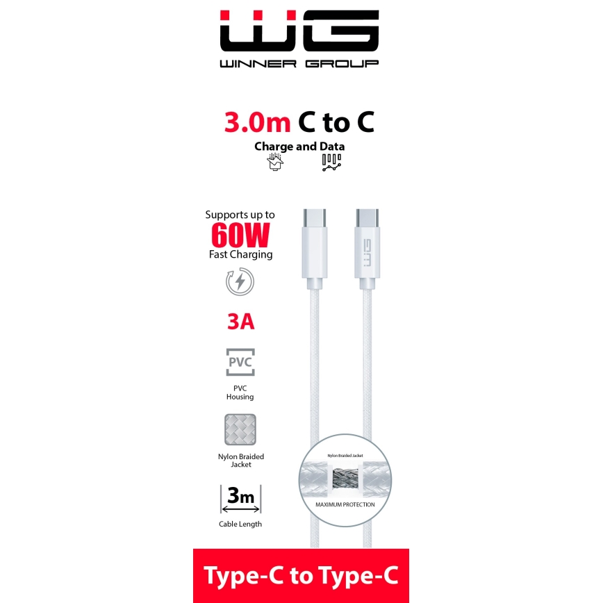 Winner Group - Καλώδιο USB USB-C / USB-C 60W 3m λευκό