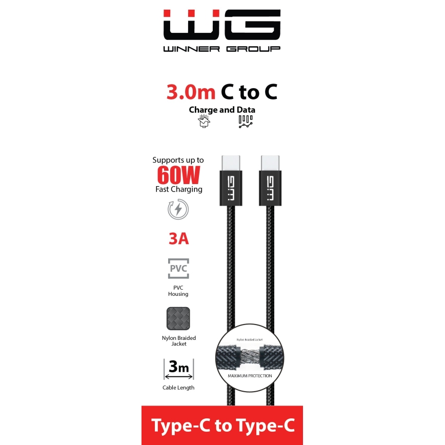 Winner Group - Καλώδιο USB USB-C / USB-C 60W 3m μαύρο