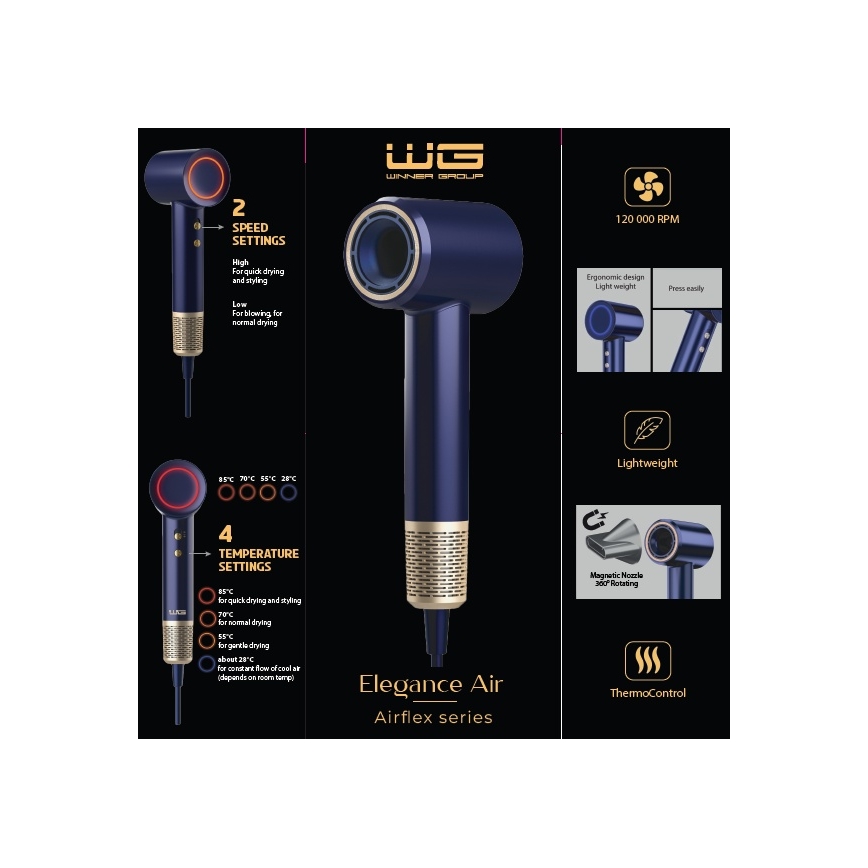 Winner Group - Πιστολάκι μαλλιών με ιονιστή Elegance Air 1600W/230V μπλε SCHUKO