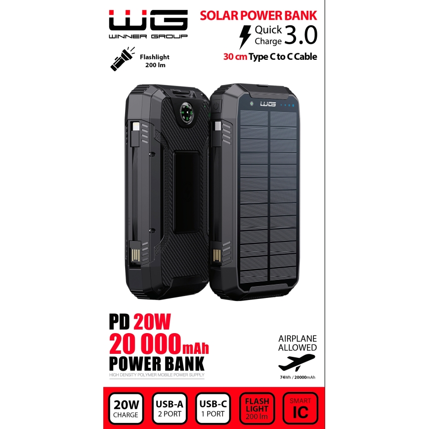 Winner Group - Power Bank με ασύρματη φόρτιση και ηλιακό πάνελ 20000 mAh 20W PD