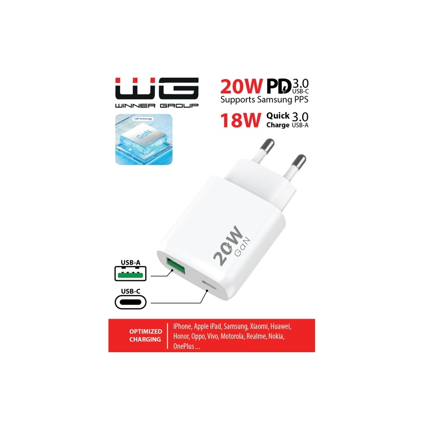 Winner Group - Αντάπτορας ταχείας φόρτισης 1xUSB-C + 1xUSB-A Power Delivery 20W λευκό