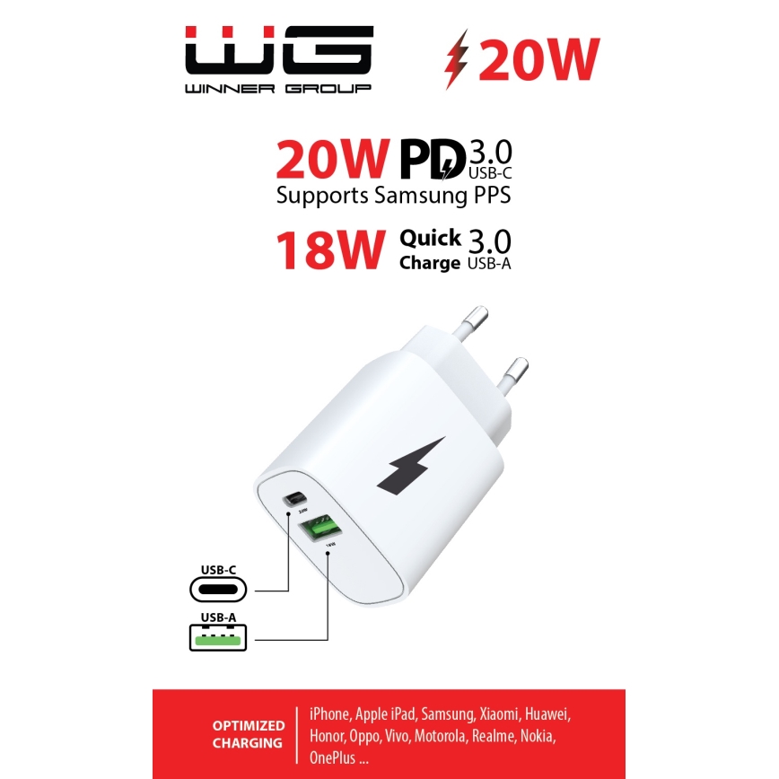 Winner Group - Αντάπτορας ταχείας φόρτισης 1xUSB-C + 1xUSB-A Power Delivery 20W λευκό