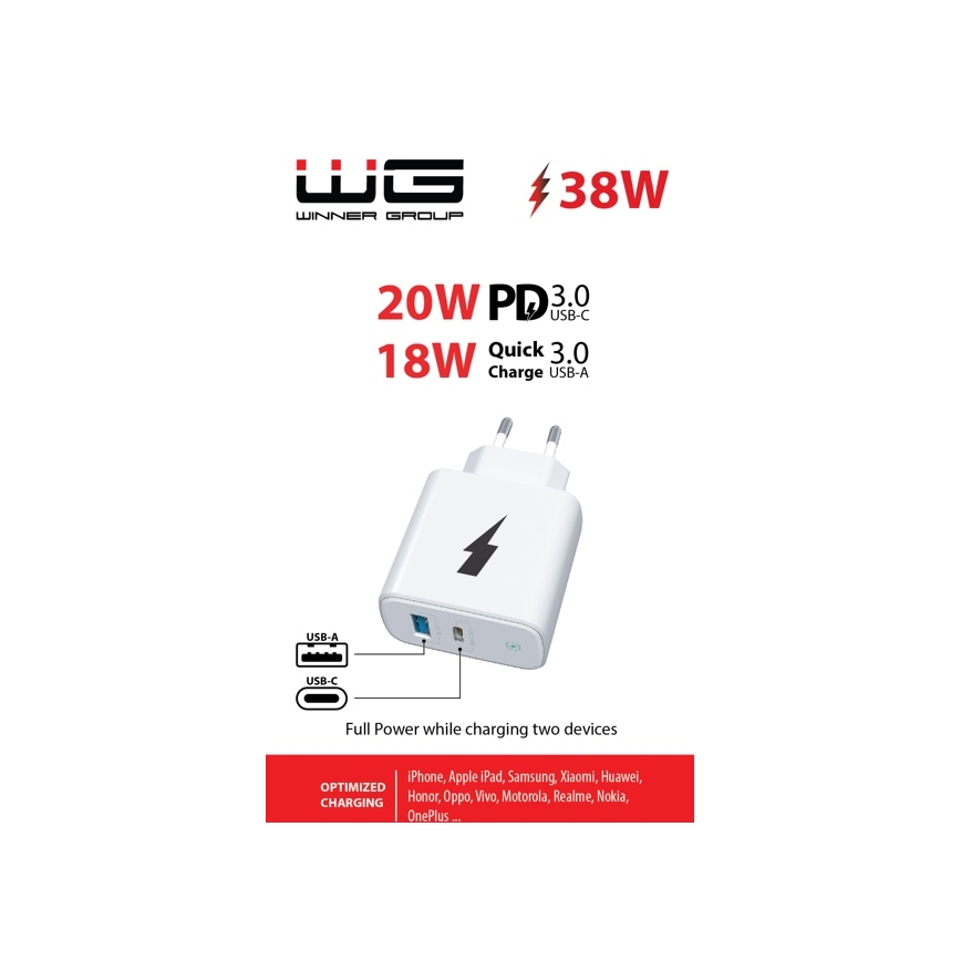 Winner Group - Αντάπτορας ταχείας φόρτισης 1xUSB-C + 1xUSB-A Power Delivery 38W λευκό