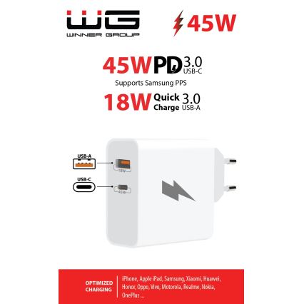 Winner Group - Αντάπτορας ταχείας φόρτισης 1xUSB-C + 1xUSB-A Power Delivery 45W λευκό