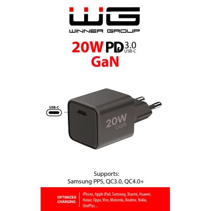 Winner Group - Αντάπτορας ταχείας φόρτισης 1xUSB-C Power Delivery 20W μαύρο