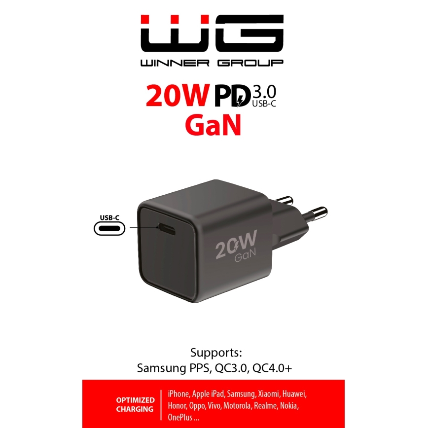 Winner Group - Αντάπτορας ταχείας φόρτισης 1xUSB-C Power Delivery 20W μαύρο