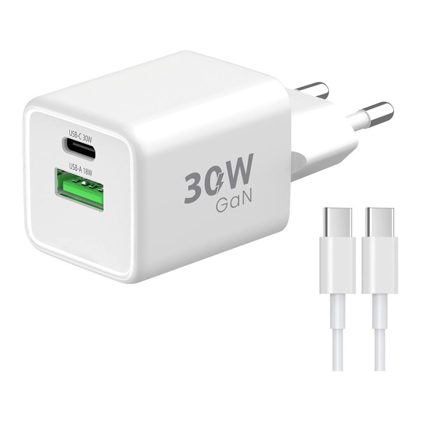 Winner Group - Αντάπτορας ταχείας φόρτισης 2xUSB PD 30W + Καλώδιο USB USB-C / USB-C 1m