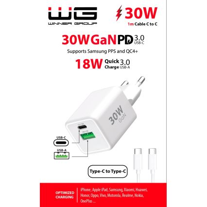 Winner Group - Αντάπτορας ταχείας φόρτισης 2xUSB PD 30W + Καλώδιο USB USB-C / USB-C 1m