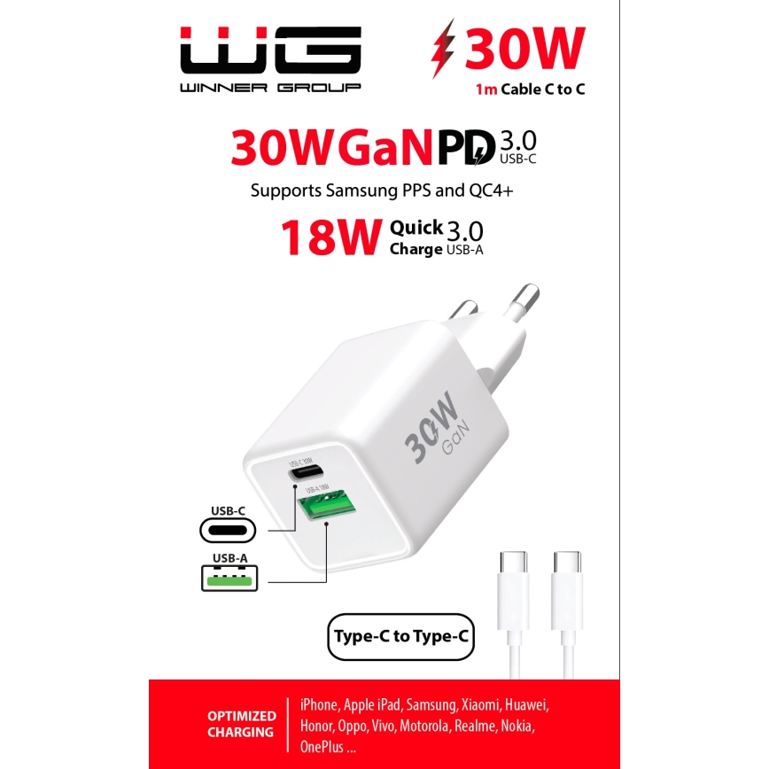 Winner Group - Αντάπτορας ταχείας φόρτισης 2xUSB PD 30W + Καλώδιο USB USB-C / USB-C 1m