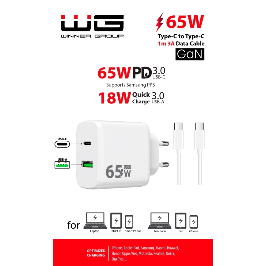 Winner Group - Αντάπτορας ταχείας φόρτισης 2xUSB PD 65W + Καλώδιο USB USB-C / USB-C 1m