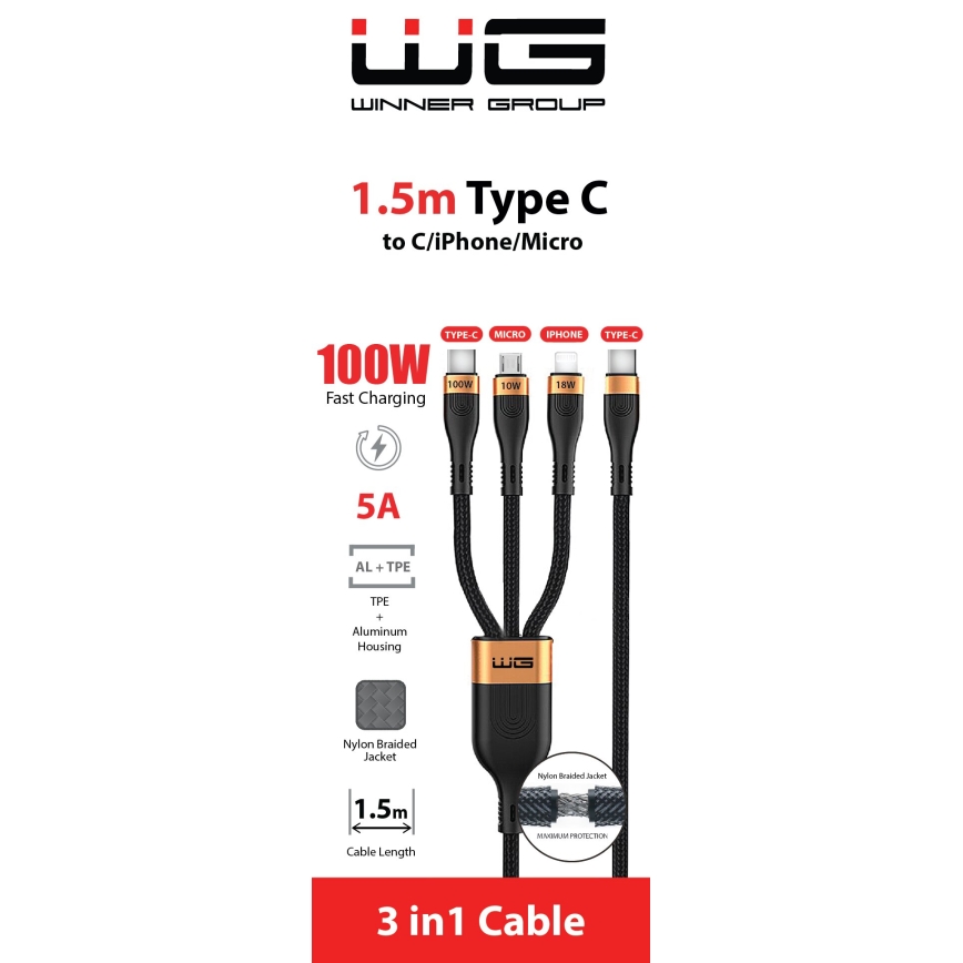 Winner Group -Καλώδιο USB 3σε1 USB-C / Lightning, USB-C και Micro USB 100W 1,5m μαύρο