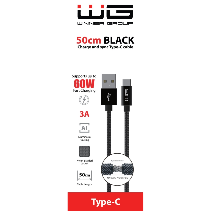 Winner Group - Καλώδιο USB USB-C / USB-A 60W 50cm μαύρο