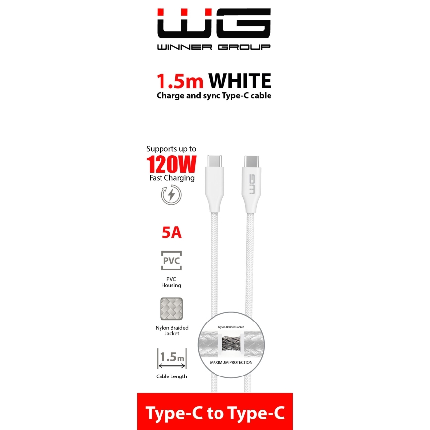Winner Group - Καλώδιο USB USB-C / USB-C 120W 1,5m λευκό