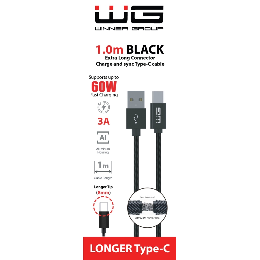 Winner Group - Καλώδιο USB with extended connector USB-C / USB-A 60W 1m μαύρο