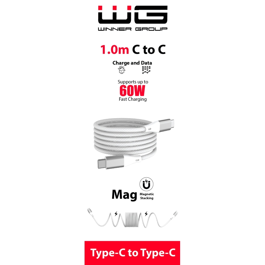 Winner Group - Μαγνητικό Καλώδιο USB USB-C / USB-C 60W 1m λευκό