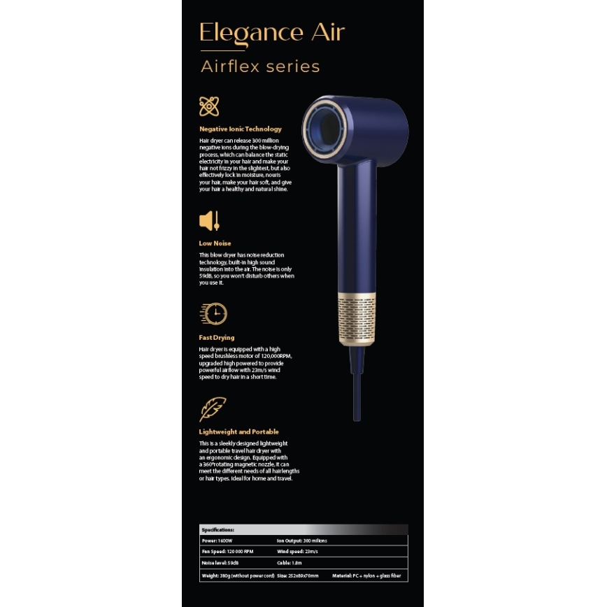 Winner Group - Πιστολάκι μαλλιών με ιονιστή Elegance Air 1600W/230V μπλε SCHUKO