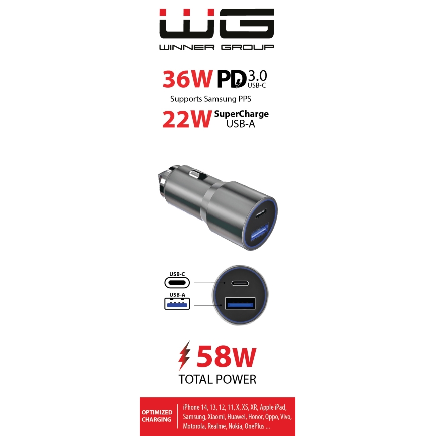 Winner Group - Φορτιστής αυτοκινήτου 1xUSB-C + 1xUSB-A Power Delivery 58,5W ασημί