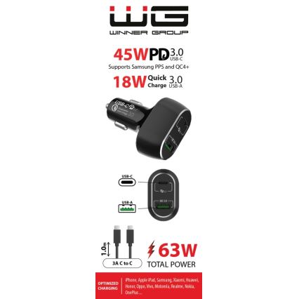 Winner Group - Φορτιστής αυτοκινήτου 1xUSB-C + 1xUSB-A Power Delivery 63W + Καλώδιο USB USB-C / USB-C 1 m μαύρο