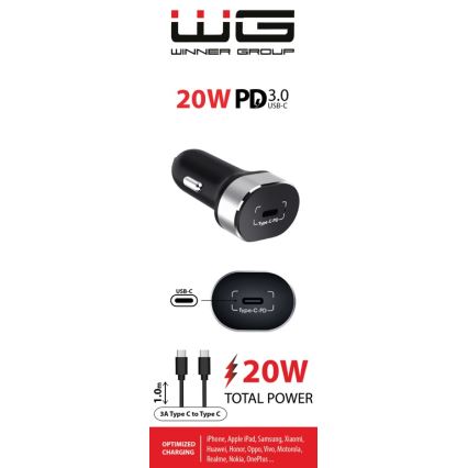 Winner Group - Φορτιστής αυτοκινήτου 1xUSB-C Power Delivery 20W + Καλώδιο USB USB-C / USB-C 1 m μαύρο