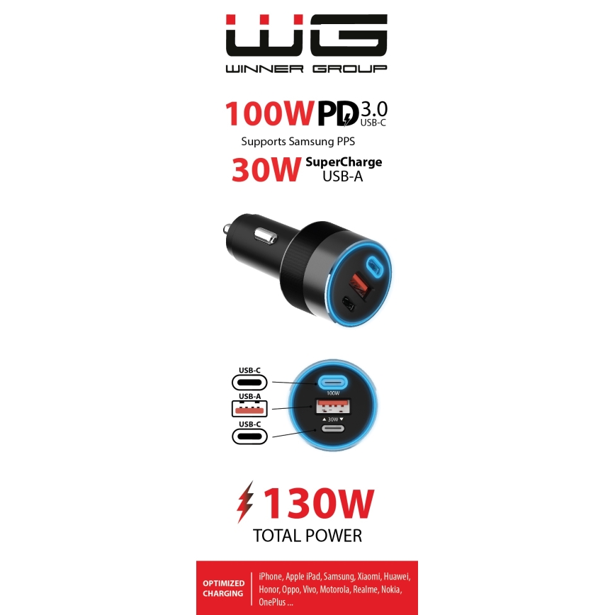 Winner Group - Φορτιστής αυτοκινήτου 2xUSB-C + 1xUSB-A Power Delivery 130W μαύρο