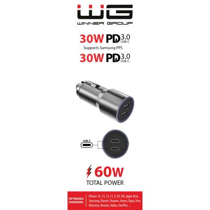 Winner Group - Φορτιστής αυτοκινήτου 2xUSB-C Power Delivery 60W ασημί