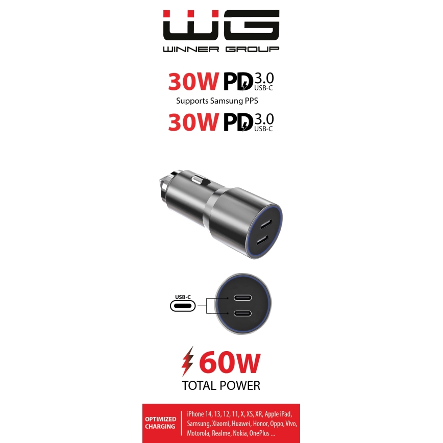 Winner Group - Φορτιστής αυτοκινήτου 2xUSB-C Power Delivery 60W ασημί
