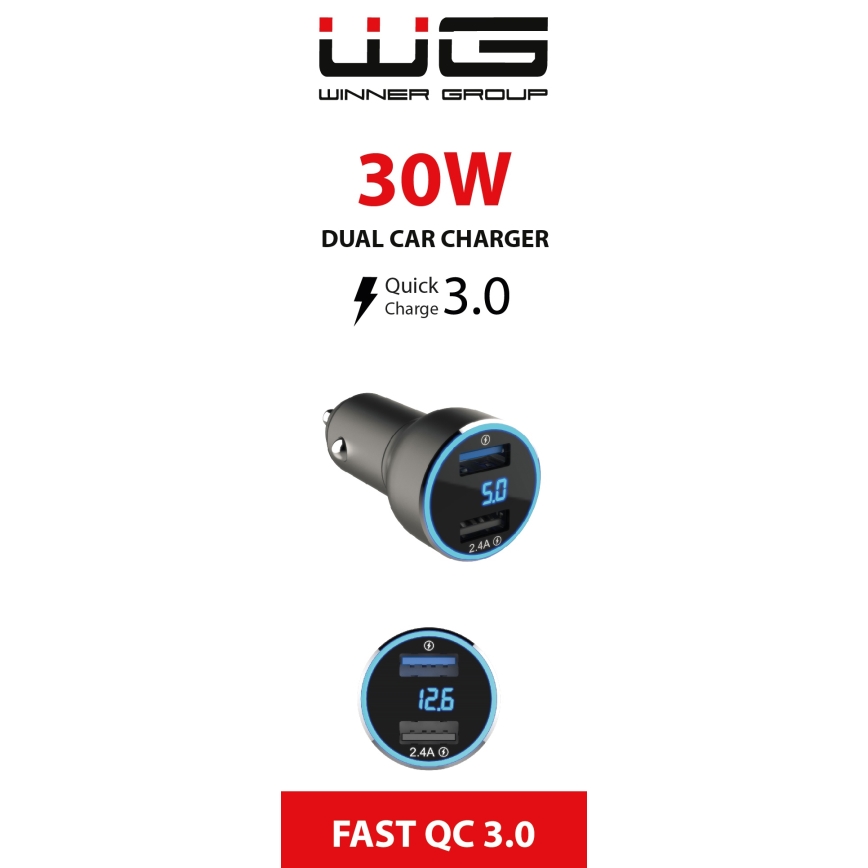 Winner Group - Φορτιστής αυτοκινήτου με οθόνη 2xUSB-A Power Delivery 30W μαύρο