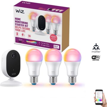 WiZ - Σετ παρακολούθησης σπιτιού: 1x κάμερα + 3x LED RGB λαμπτήρας A60 E27/8,5W/230V Wi-Fi