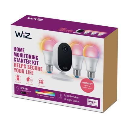 WiZ - Σετ για την παρακολούθηση σπιτιού: 1x camera + 3x LED RGB λαμπτήρες A60 E27/8,5W/230V Wi-Fi