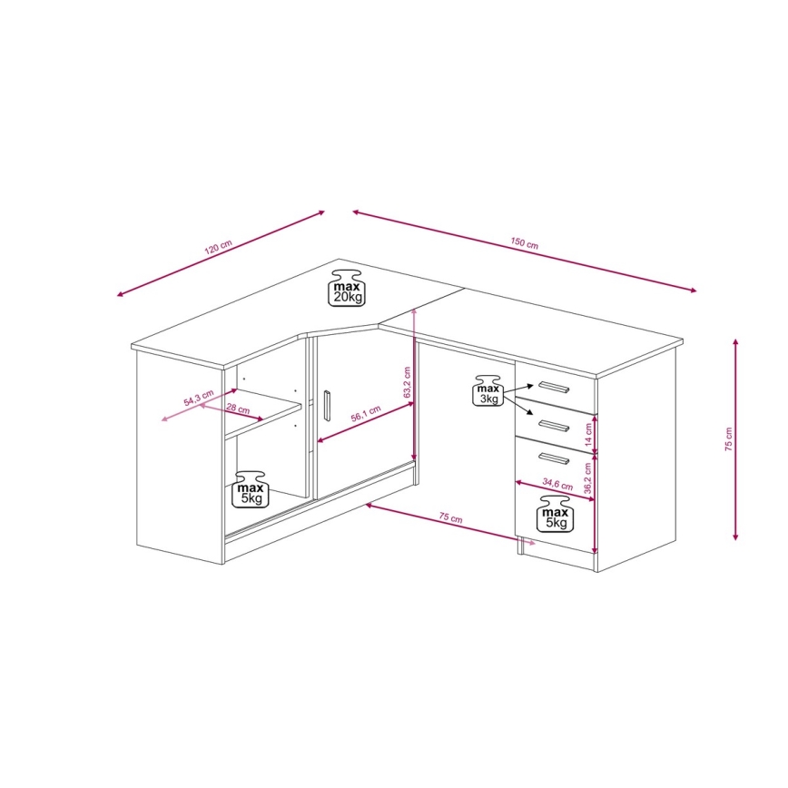 Γραφείο με ράφι και συρτάρια ROBERTO, αριστερή διαρρύθμιση, δρυς artisan/λευκό