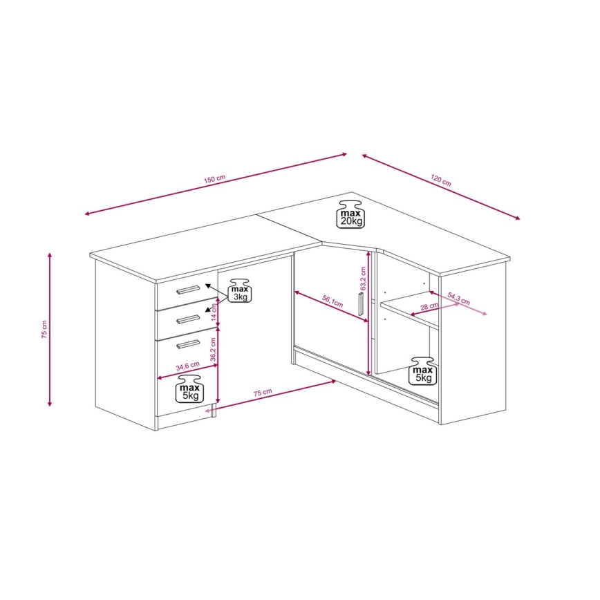 Γραφείο με ράφι και συρτάρια ROBERTO δεξιό δρυς artisan/λευκό