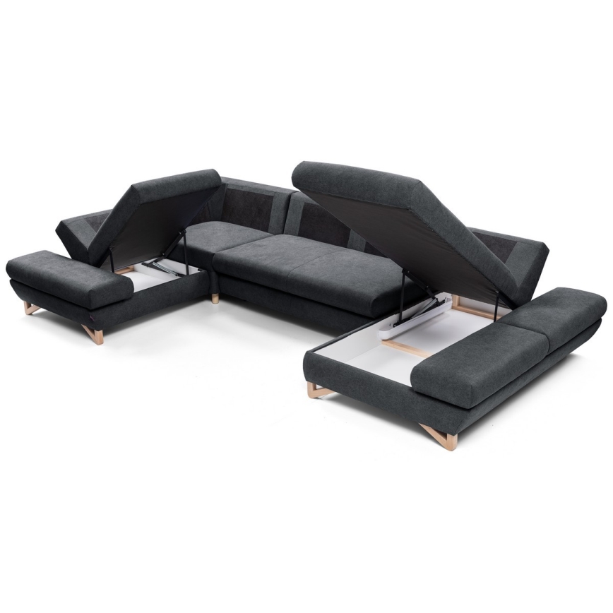 Αναδιπλούμενη γωνιακή ταπετσαρισμένη σύνθεση καθιστικού σε σχήμα U με αποθηκευτικό χώρο AVESTA, ανθρακί