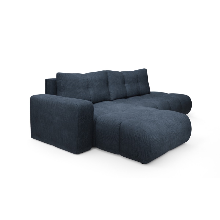 Μετατρέψιμος γωνιακός ταπετσαρισμένος καναπές-κρεβάτι ALMADA σε σχήμα L, αριστερή διάταξη, με αποθηκευτικό χώρο — μπλε