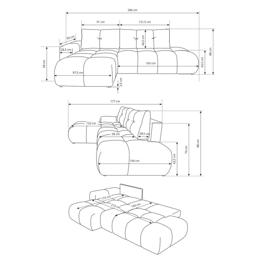 Γωνιακός καναπές-κρεβάτι ALMADA σε διάταξη L, δεξιά, επενδυμένος, με αποθηκευτικό χώρο, μπεζ