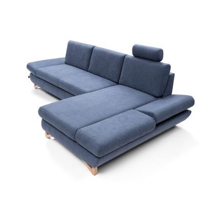 Ανοιγόμενος γωνιακός ταπετσαρισμένος καναπές-κρεβάτι AVESTA σε σχήμα L με αποθηκευτικό χώρο, δεξιά, μπλε
