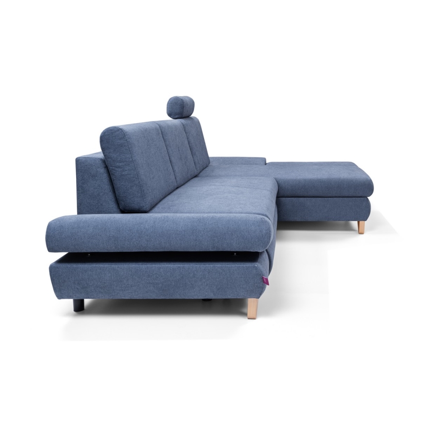 Ανοιγόμενος γωνιακός ταπετσαρισμένος καναπές-κρεβάτι AVESTA σε σχήμα L με αποθηκευτικό χώρο, δεξιά, μπλε