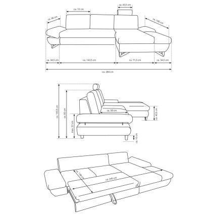 Ανοιγόμενος γωνιακός ταπετσαρισμένος καναπές-κρεβάτι AVESTA σε σχήμα L με αποθηκευτικό χώρο, δεξιά, μπλε