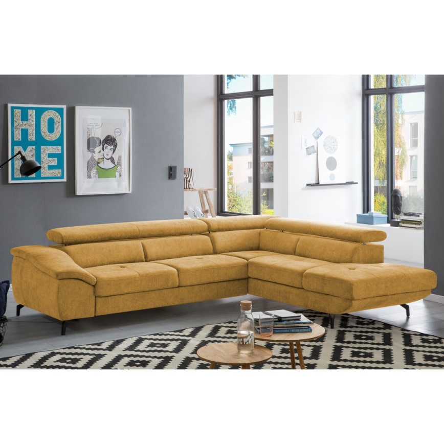 Γωνιακός καναπές-κρεβάτι σε σχήμα L BRESCIA με αποθηκευτικό χώρο, δεξιά, κίτρινος