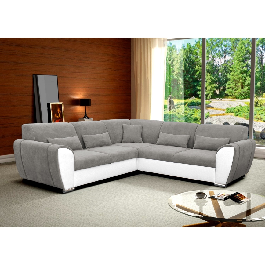 Γωνιακός καναπές-κρεβάτι VISEU σε σχήμα L με αποθηκευτικό χώρο, δεξιάς γωνίας, γκρι/λευκό