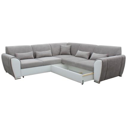 Γωνιακός καναπές-κρεβάτι VISEU σε σχήμα L με αποθηκευτικό χώρο, δεξιάς γωνίας, γκρι/λευκό