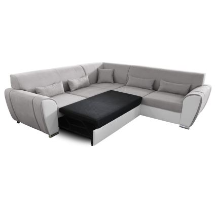 Γωνιακός καναπές-κρεβάτι VISEU σε σχήμα L με αποθηκευτικό χώρο, δεξιάς γωνίας, γκρι/λευκό