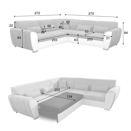 Γωνιακός καναπές-κρεβάτι VISEU σε σχήμα L με αποθηκευτικό χώρο, δεξιάς γωνίας, γκρι/λευκό